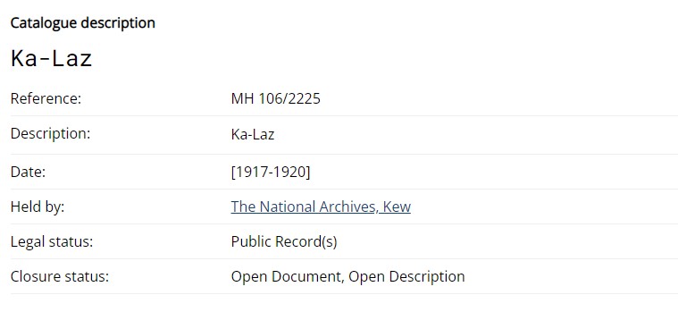 A record description with seven lines of information from the online catalogue at The National Archives.