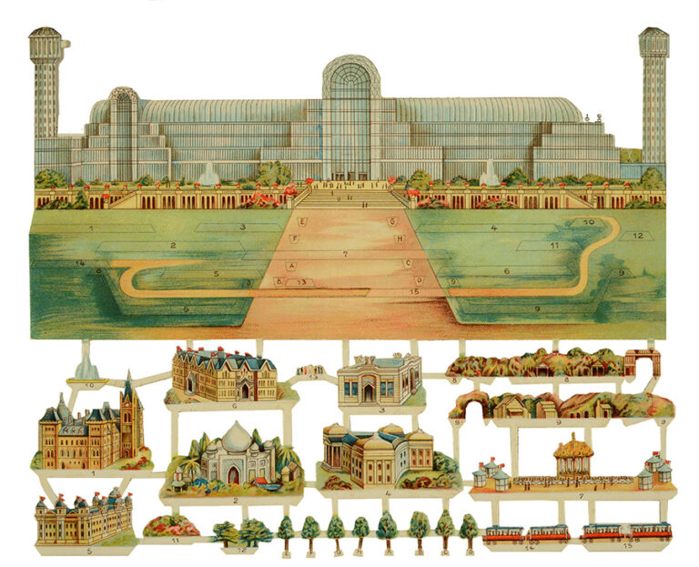Colourful illustration of the Crystal Palace.