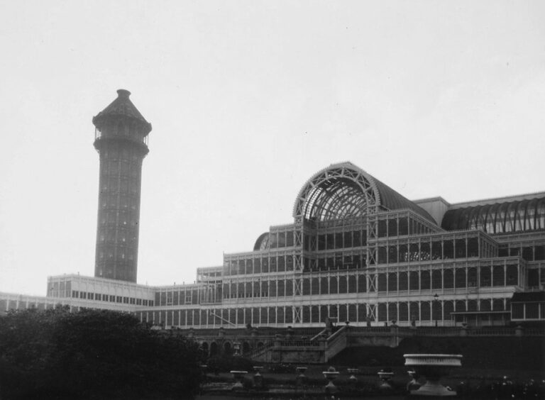 Black and white photograph of the exterior of the Crystal Palace, front view.