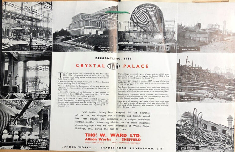 Double-page spread of a brochure showing photographs of the Crystal Palace as it's dismantled.