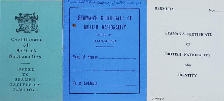A montage of three cover pages for nationality certificates. Different colour are used for different territories, including Jamaica, Barbados and Bermuda.