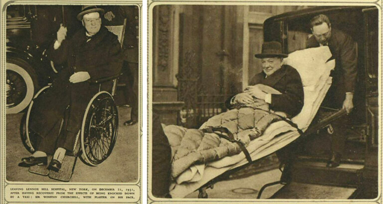 Two photographs side by side showing Winston Churchill in a wheelchair and sitting up on a stretcher.