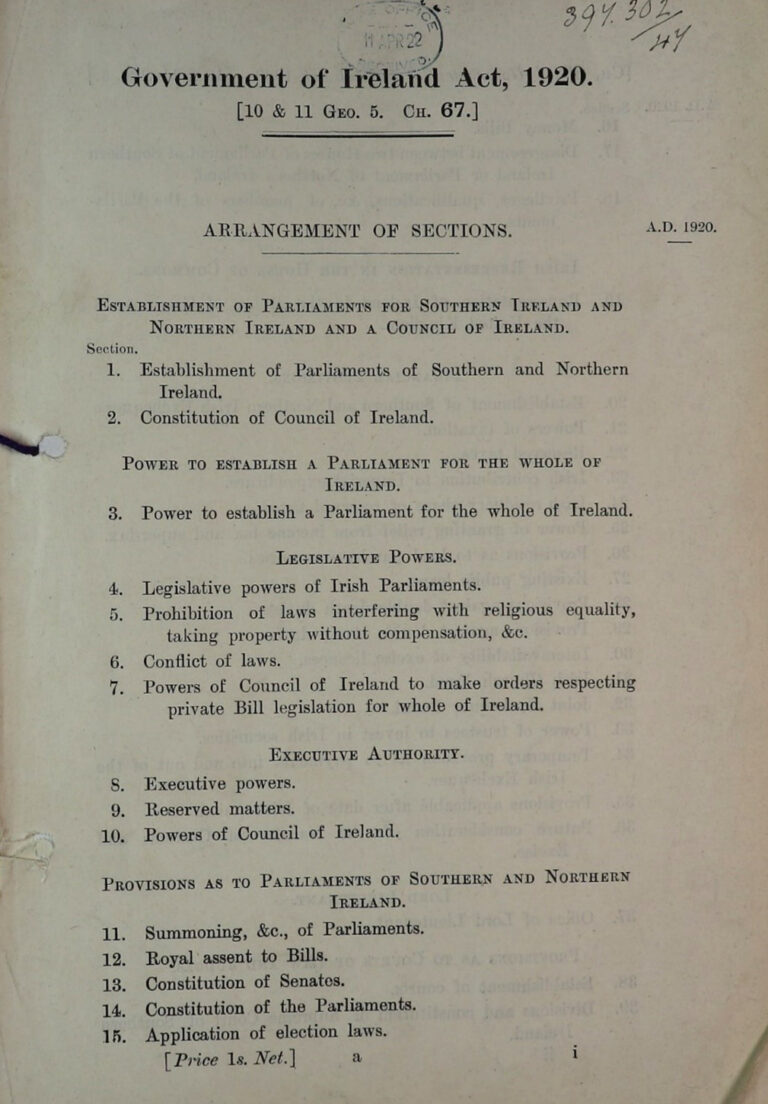 Page from an official document with the heading Government of Ireland Act, 1920.