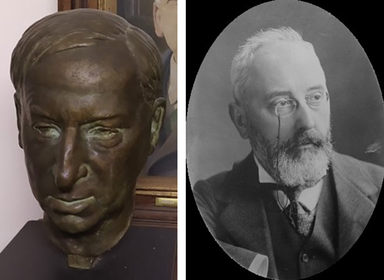 A photograph of a bronze bust of a man's head adjacent to a formal portrait of a man wearing a monocle.
