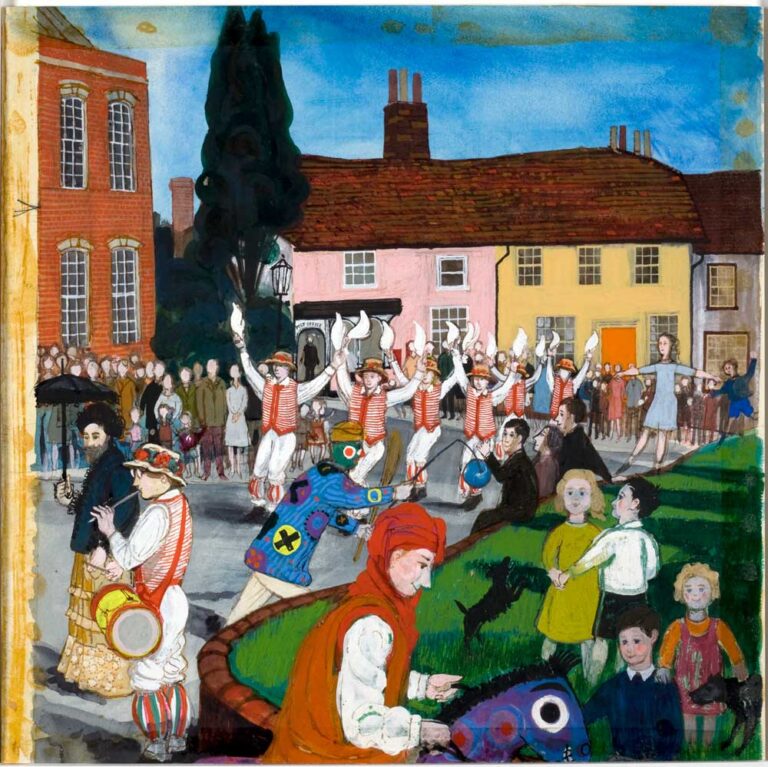 An extremely colourful painting shows Morris dancers heading down a street waving handkerchiefs in the air.