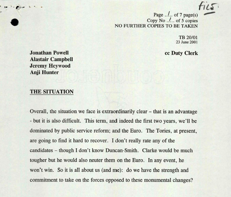 A printed letter with the names 'Jonathan Powell', 'Alastair Campbell', 'Jeremy Heywood' and 'Anji Hunter' at the top.