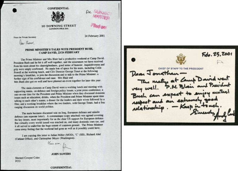 Left: A printed letter on '10 Downing Street' letterhead paper. Right: A small handwritten note on paper headed 'CHIEF OF STAFF TO THE PRESIDENT'.