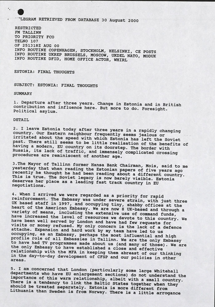 Document titled 'TELEGRAM RETRIEVED FROM DATABASE 30 AUGUST 2000'