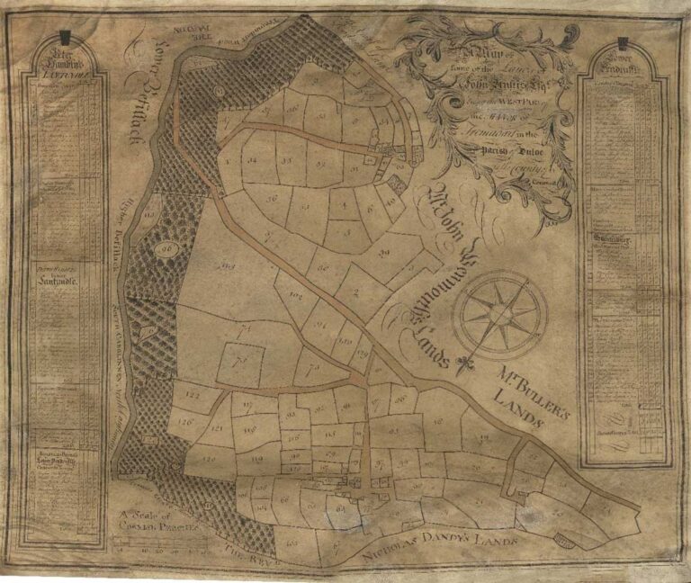 A yellowed map showing numbered tracts of land and forest.