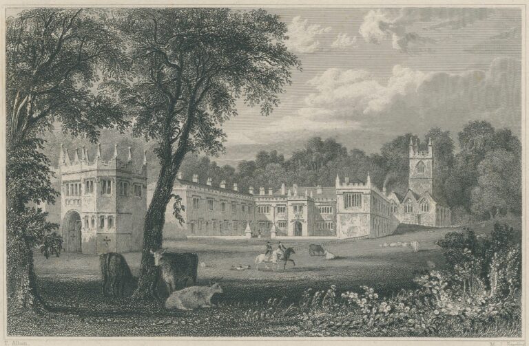 A huge country house with two horse riders, livestock and some large trees in front.