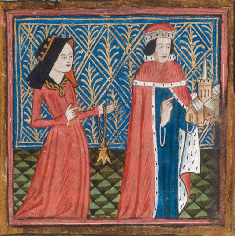 A medieval illustration of a man and a woman in regal red clothing.