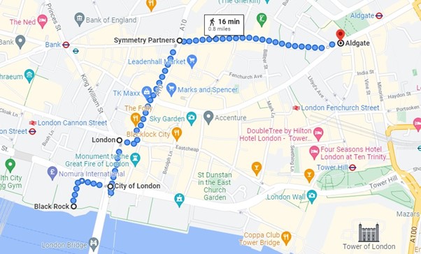 Screenshot of Google Maps showing a 16-minute, 0.8 mile walk between Aldgate and Black Rock.