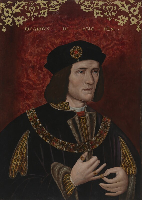 Impressive painted portrait of a man with brown hair wearing a black hat and gown and lavish jewellery.