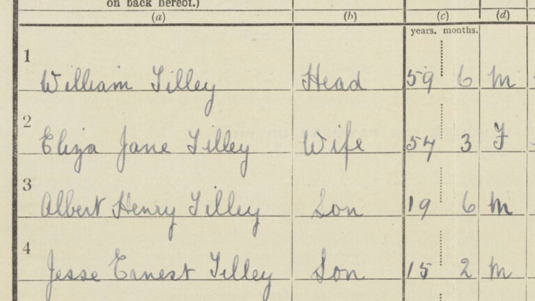 Close up of the census record. Four names are shown: William Tilley (59), Eliza Jane Tilley (54), Albert Henry Tilley (19), Jesse Ernest Tilley (15)