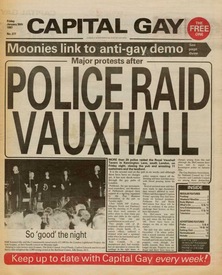 Newspaper printed in black and white with a red circle saying 'THE FREE ONE' and a banner with 'Keep up to date with Capital Gay every week!'