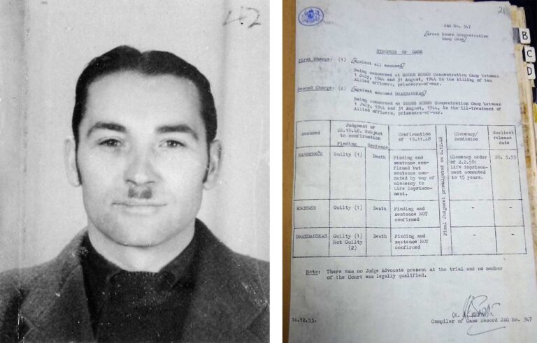 Left: Portrait photo of a young man with dark, parted hair and a toothbrush moustache. Right: Photo of a document listings charges, findings and sentences of Hassebroek, Eschner and Drazdauskas.
