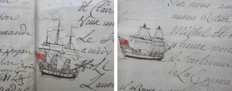Two sketches in pen of sailing ships in the margin beside handwritten notes in French.