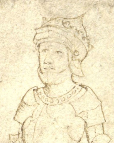 Line drawing of an armoured figure from the chest up, wearing a decorative helmet.