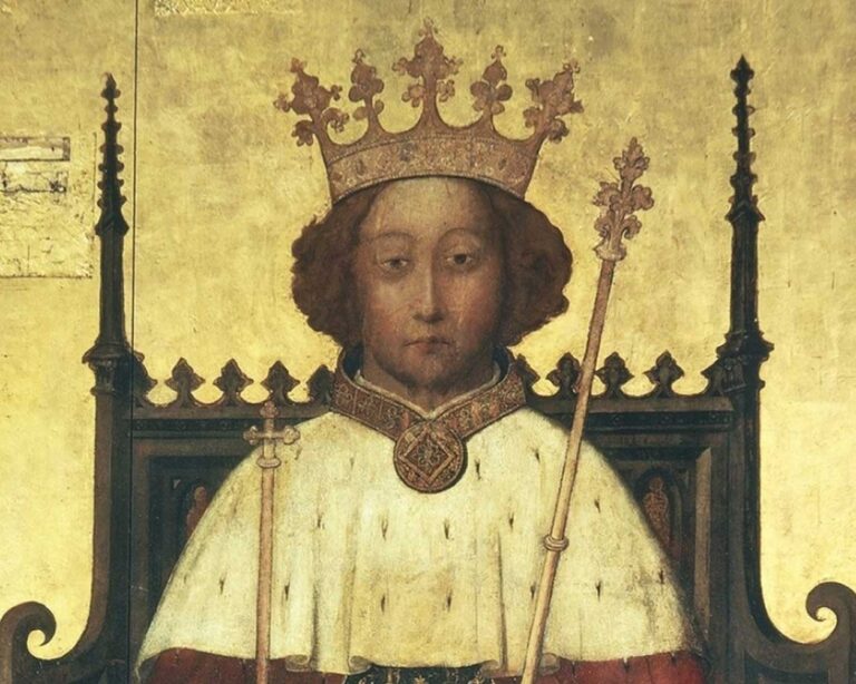 A portrait of King Richard II, seated in a thrown wearing royal garment.