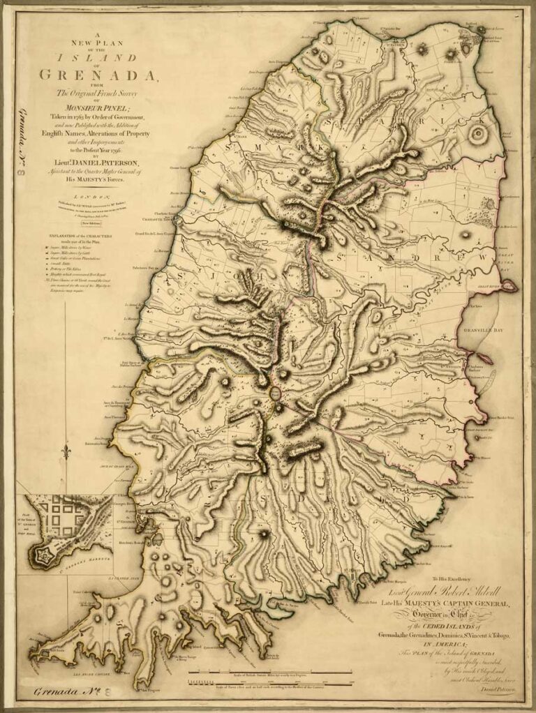 Black and white printed map of an island, showing contour lines and rivers.