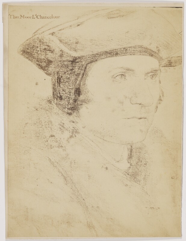 Sketched portrait of a man wearing a hat and fur collar staring to the right.