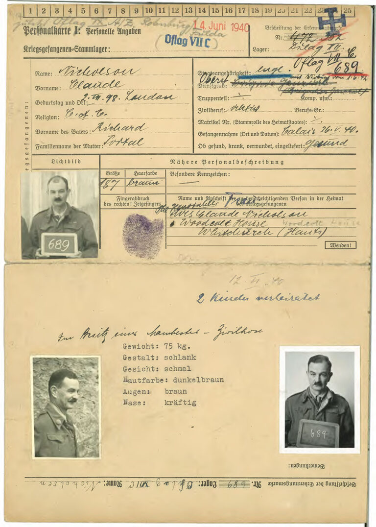 A personnel card. The text is in German. Three photographs of a man in British uniform are pasted in. In two he is holding up a number. 