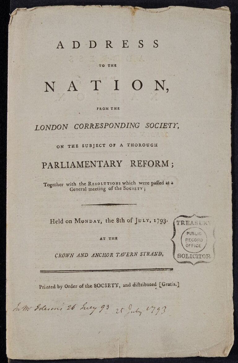 A typed address titled: 'Address to the Nation from the London Corresponding Society'.
