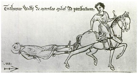 A drawing of a man being dragged by a horse. Another man is seated on the horse looking at the man being dragged.