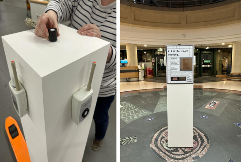 Left: A 1.5-metre-tall white cuboid with devices stuck to it. Right: the same cuboid with a sign on it, standing on a patterned floor. 