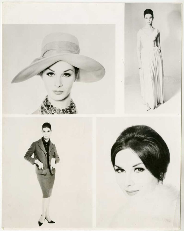Four photographs of a woman wearing fashionable clothes.