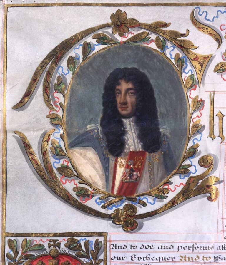 Painting of a man with a long black wig, wearing robes and a gold chain, surrounded by gold patterns.