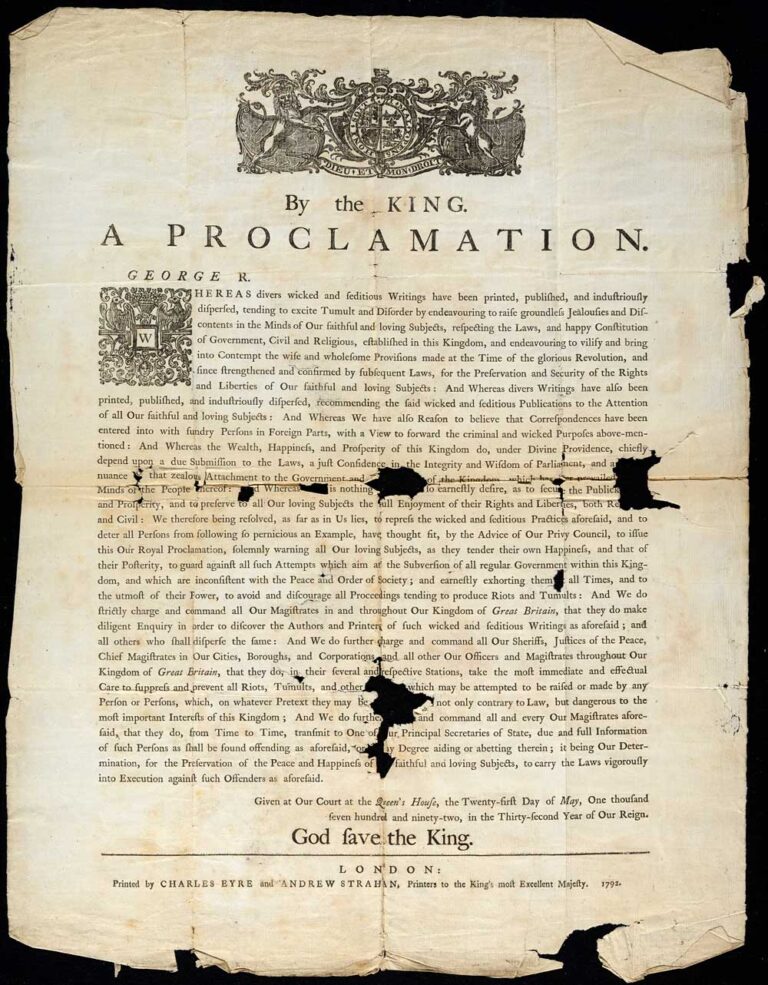 Printed sheet with royal insignia on the top and the title 'By the King. A Proclamation.'