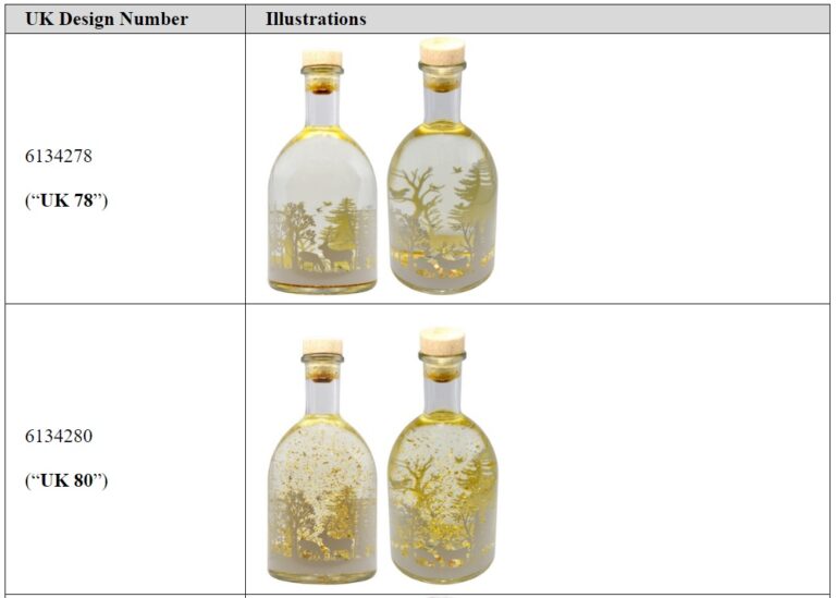 A table with two columns rows. The column titles are 'UK Design Number' and 'Illustrations'. In the first column are seven digit numbers and in the second are two photographs of gin bottles featuring gold woodland designs. 