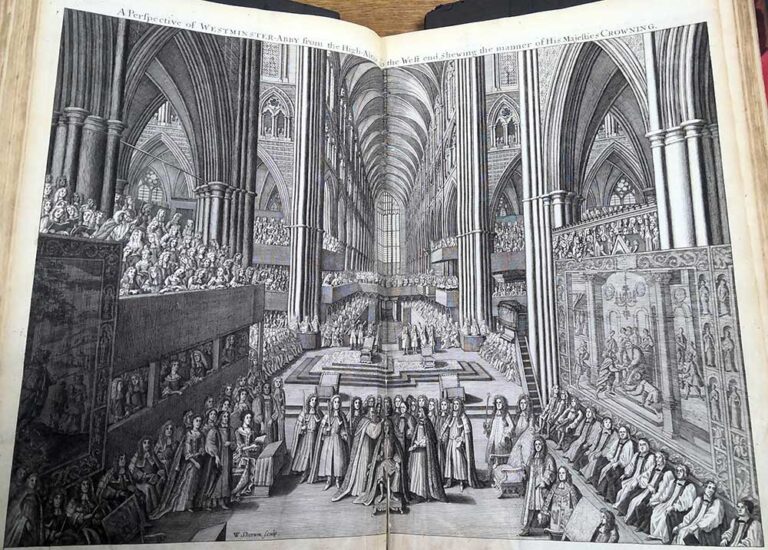 A large double-page illustration of the inside of Westminster Abbey full of people with James II being crowned in the centre. 