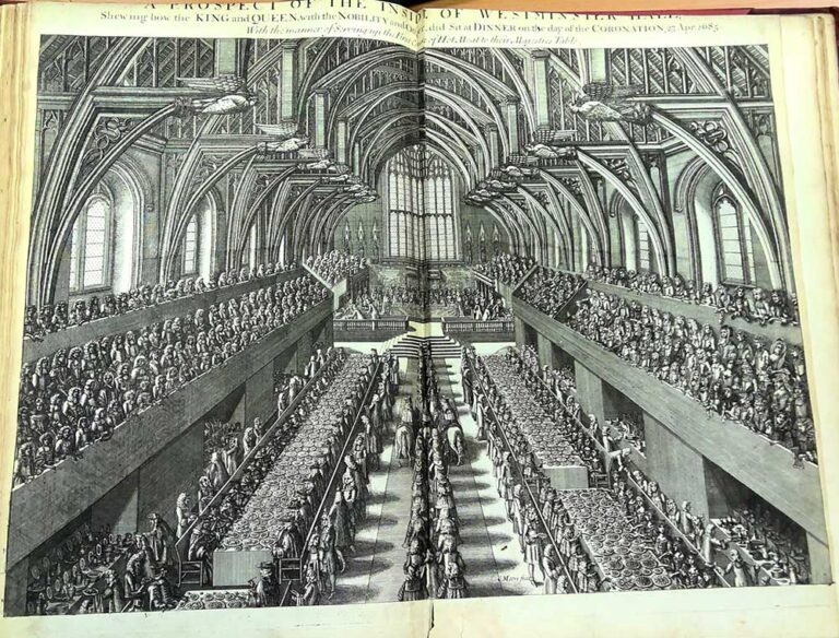 A large illustration of a vast hall full of people with two long tables in the middle