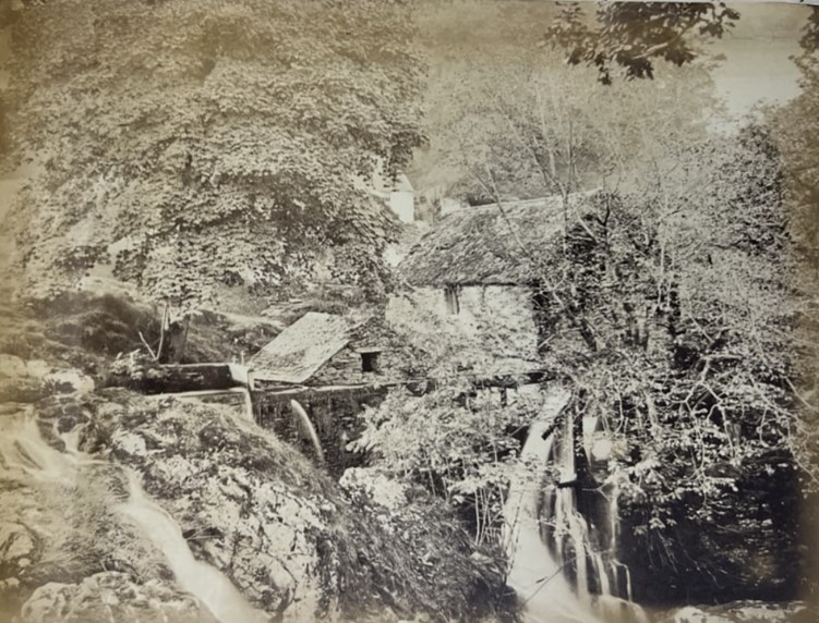 A black and white photograph of a mill in a woods.