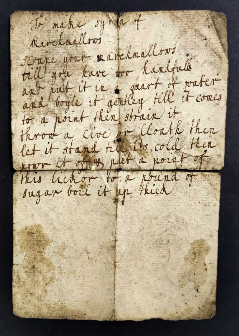 A battered old document headed 'To make syrup of marchmallows' in handwritten brown ink.