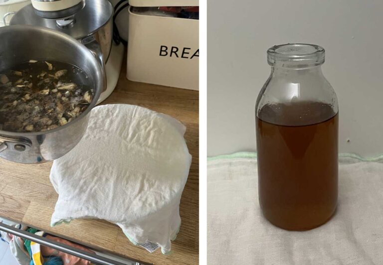 Left: A saucepan full of liquid about to be poured over a bowl covered in a teatowel. Right: A glass bottle of brown liquid.