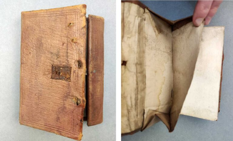 Left: A thick-rigid-looking brown leather wallet. Right: The folded paper pocket inside.