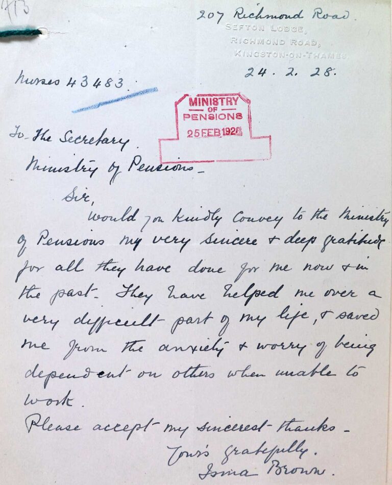 A handwritten letter with a large red stamp on it marked 'Ministry of Pensions'.