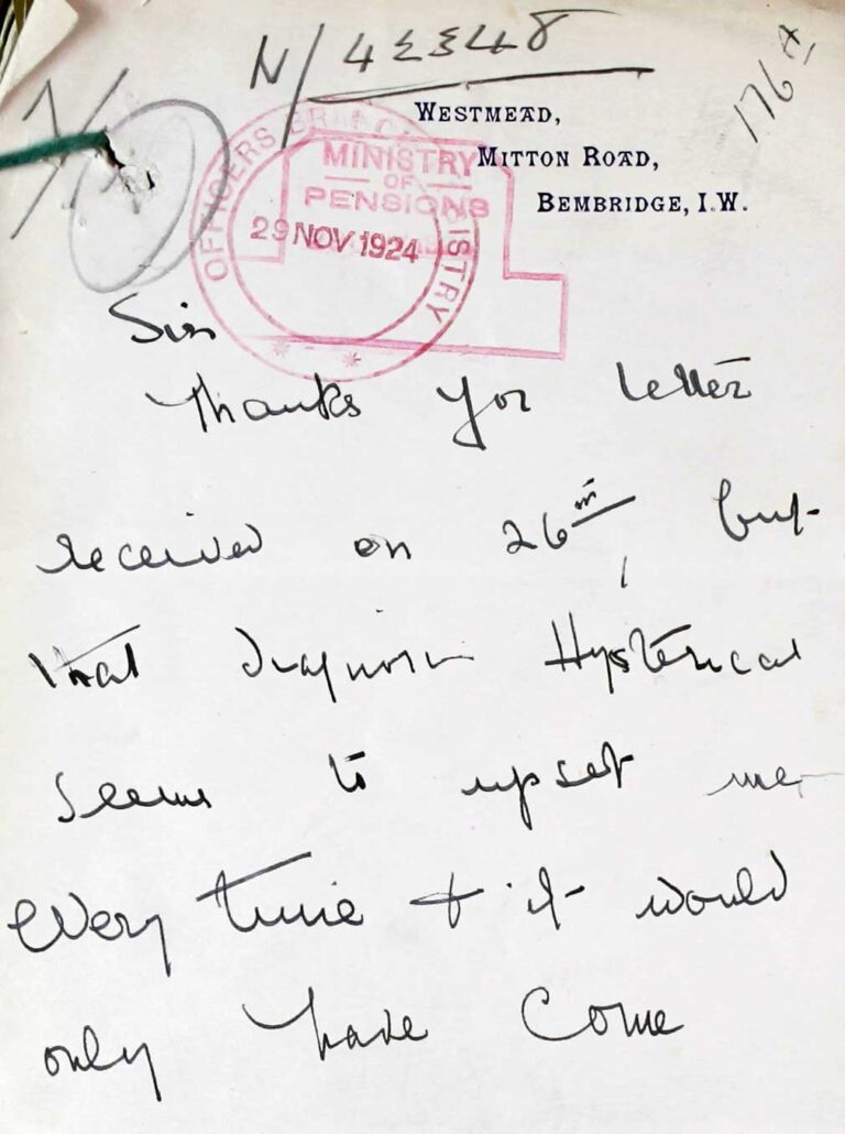 Another handwritten letter with a large red stamp on it marked 'Ministry of Pensions'.