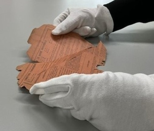 Someone handling a historic document wearing white cotton gloves.