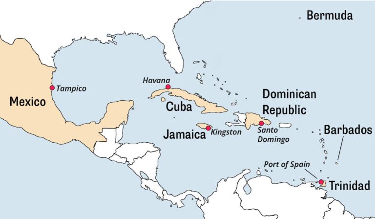 Labelled map showing Mexico on the left and the Caribbean islands on the right. 