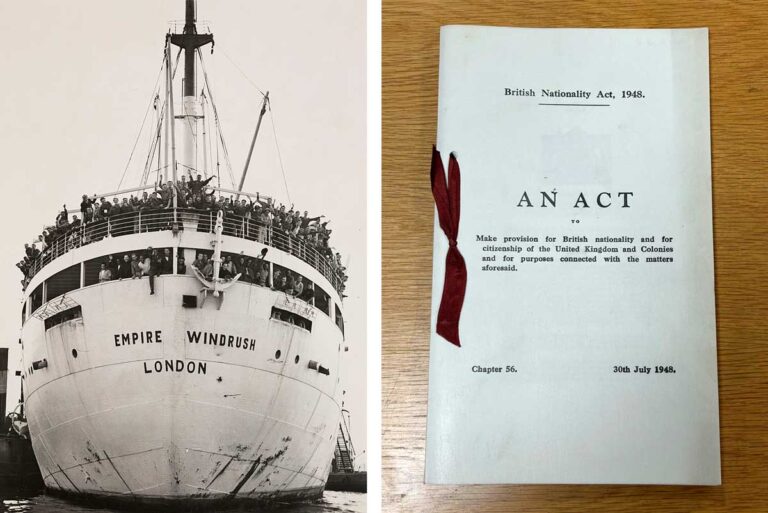 Photo of the front of the Windrush packed with waving crowds, and photo of a small document bound with a red ribbon. 