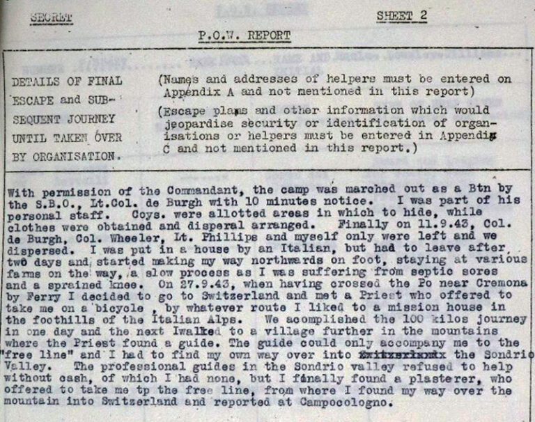 A 'P.O.W. Report' detailing an escape from a the Italian camp. 