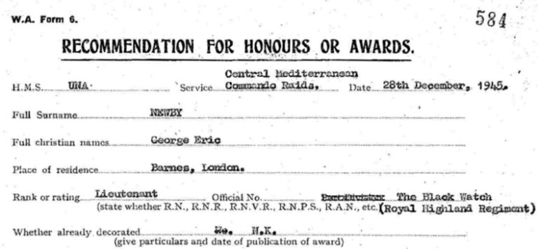 A 'recommendation for honours or awards' for Eric Newby. 