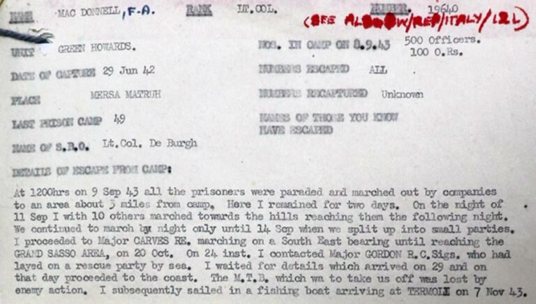 An extract from a PoW Mac Donnell's report detailing his escape. 
