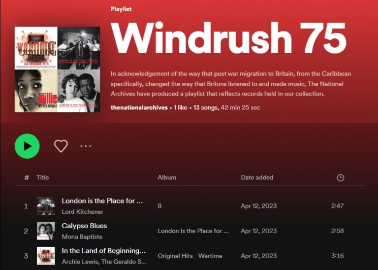The heading 'Windrush 75' against a red background, above a green 'play' symbol