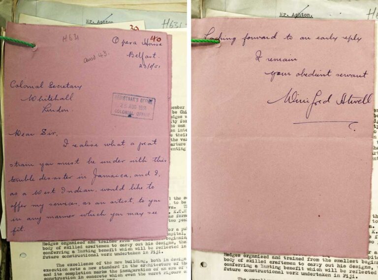 Two sides of a handwritten letter on pink paper, signed by Winifred Atwell.