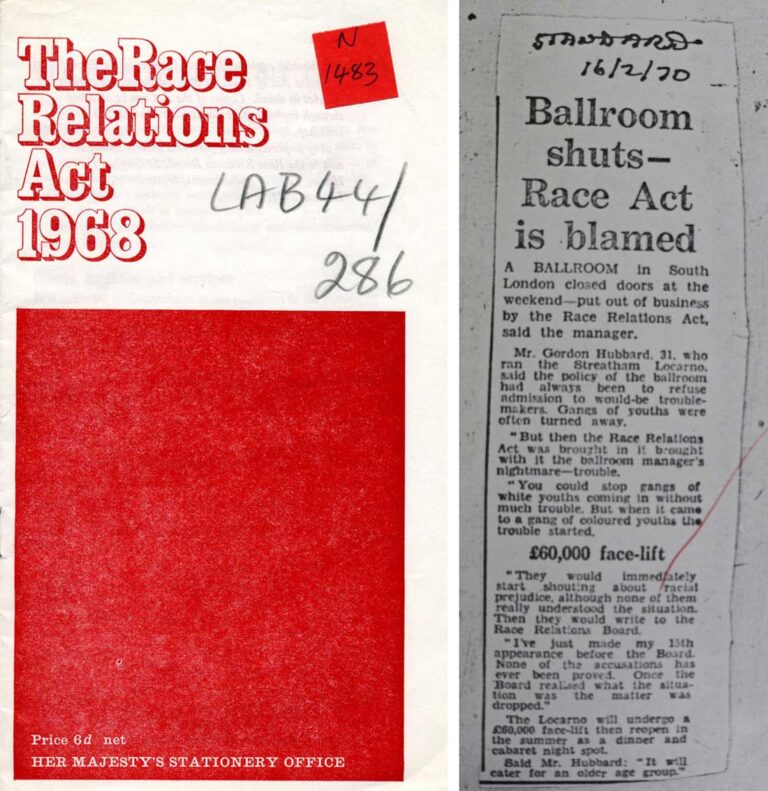 A white and red design marked 'HER MAJESTY'S STATIONERY OFFICE' next to a newspaper clipping titled 'Ballroom shuts– Race Act is blamed'.